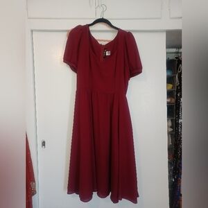 Lucrezia Maroon Midi Dress with Flutter Sleeves Laura Byrnes Pinup Girl Clothing